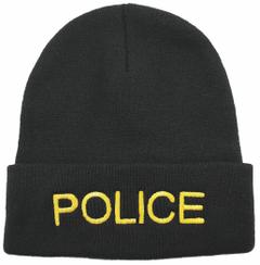 HEROS PRIDE Police Hat: Universal, Black with Gold Lettering, Acrylic Knit (MPN 6888). Key specifications — Color: Black with Gold Lettering; Size: Universal; Material: Acrylic Knit.