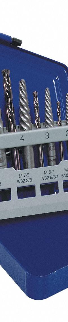 IRWIN Screw Extractor Set: 10 Pc, Spiral Flute, Size #1/#2/#3/#4/#5 (MPN 11119). Key specifications — attr1030229: IRWIN; attr1030235: #4; attr1030236: M2.5 to M16; attr1030241: 19/64 in; attr1030246: 11119; attr1075326: M2.5 to M16.