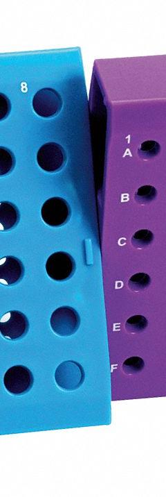 Tube Rack: 4 1/2 in Overall Wd, 1 in Overall Ht, 11 1/2 in Overall Lg, Polypropylene, Blue/Purple (MPN HS29041A). Key specifications — Material: Polypropylene; Mounting Location: Benchtop; Color: Blue/Purple; Product Type: Test Tube Rack; Total Holding Capacity: (48) 1.5/2.0 mL Purple Tubes; Brand: HEATHROW SCIENTIFIC.