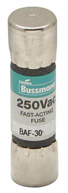 BUSSMANN Fuse: BAF Series, Midget, Fast-Acting, 30 A, 250 V AC, 13/32 in x 1 1/2 in - Fast-Acting Cylindrical Fuses