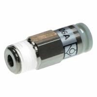 SMC Pneumatic Check Valve: Male Connector, NBR, Aluminum Alloy (Valve)/PBT (Body)/Spacer (Brass) (MPN AKH06A-01S). Key specifications — attr291949: 1/8 in; attr291950: 6 mm Tubing; attr291957: NBR, Aluminum Alloy (Valve); PBT (Body); Spacer (Brass); attr294749: SMC.