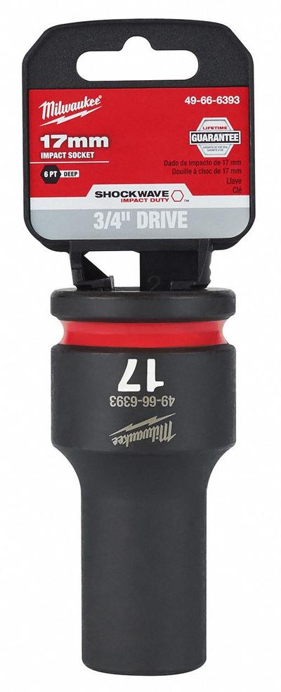 MILWAUKEE Deep Impact Socket: 3/4 in Drive Size, Metric, 17 mm Socket Size, 6-Point - 3/4" Drive Impact Sockets