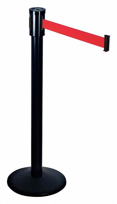 RETRACTA-BELT Barrier Post with Belt: Red, No Pattern, No Legend, 15 ft Belt Lg, Black - Solid-Color Retractable Belt Post Barriers