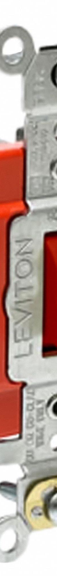 LEVITON Wall Switch: Toggle Switch, 3-Way, Maintained, Red, 120/277V AC, 20 A (MPN A1223-2R). Key specifications — Illuminated: No; Voltage Rating: 120/277V AC.
