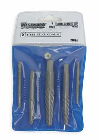 WESTWARD Screw Extractor Set: 5 Pc, Spiral Flute, Size #1/#2/#3/#4/#5, 3/32 in to 5/8 in Capacity (MPN 2RUR6). Key specifications — attr1030267: WESTWARD; attr1030276: 3/32 in to 5/8 in; attr1030283: 2RUR6; attr1030273: #5; attr1075325: 3/32 in to 5/8 in.