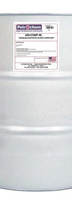 PETROCHEM Compressor Oil: 55 gal, Drum, 20 SAE Grade, 68 ISO Viscosity Grade, 99 Viscosity Index (MPN AIR-COMP 68-055). Key specifications — attr59744: 99; attr59746: 68; attr59736: No; attr59735: Drum; attr59738: Air-Comp Series; attr59749: 20.
