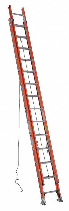 WERNER Extension Ladder: 28 ft Ladder Size, Fiberglass, 300 lb Load Capacity, 60 lb Wt, 2 Sections (MPN D6228-2). Key specifications — Color: Orange; Brand: WERNER; Included Features: Rope and Pulley; Removable Fly: Removable.