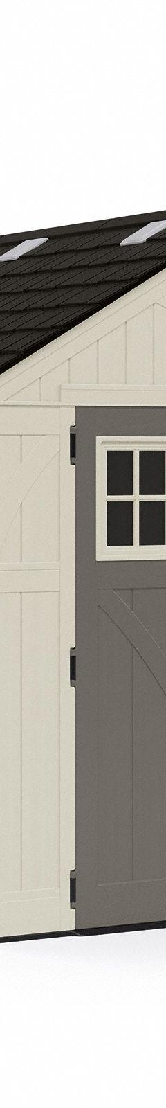 Storage Shed: 101 in W x 122 in D x 103 in H, 547 cu ft, Beige, 93 in L x 117 in D x 100 1/2 in H (MPN BMS8100). Key specifications — Brand: SUNCAST; Product Type: Outdoor Storage Shed; Resistance Properties: Water Resistant; Assembled: Unassembled; Fire Rating: Not Rated; Lockable: Yes; Color: Beige.