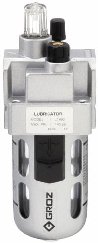 GROZ Compressed Air Lubricator: Micro Mist, 3/8 in NPT, 106 cfm, 145 psi Max Op Pressure, Knob (MPN L1492). Key specifications — attr111774: Aluminum; attr111402: Intermediate Duty; attr111761: GROZ.