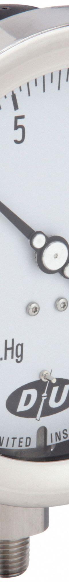 DURO Industrial Compound Gauge: 0 psi to 30 psi, White, 4 1/2 in Dial, 1/4 in NPT Male, Bottom, 4 (MPN 4.2072213E7). Key specifications — Brand: DURO; Pointer Color: Black; Accuracy: ±0.5%; Dial Color: White; Gauge Wetted Parts: Stainless Steel; Case Material: Stainless Steel; Vibration Resistance Properties: None; Pressure Range: 0 psi to 30 psi.