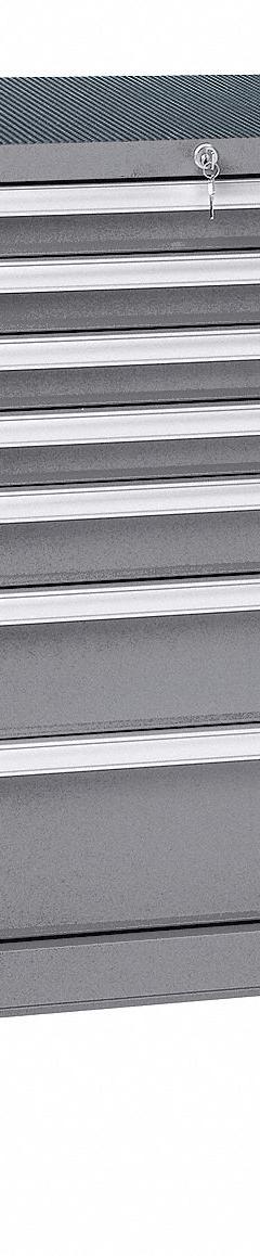 LISTA Modular Drawer Cabinet: 28 1/4 in x 22 1/2 in x 41 1/2 in, 7 Drawers, Tubular, Adj Dividers (MPN ST07-0701A-MBKALG). Key specifications — Cabinet Color: Gray; Base Type: Casters; Drawer Inside Height: (4) 2 in; Drawer HxWxD: (4) 2 in x 24 in x 18 in; Work Surface Material: Rubber Mat; Drawer Handle Type: Tubular; Cabinet Material: Steel; Cabinet Style: Drawer.