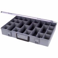 FLAMBEAU Compartment Box: 13 in x 18 1/2 in x 3 in, Gray, Not Electrostatic Discharge Conductive (MPN 6745AZ). Key specifications — ESD Conductive: Not Electrostatic Discharge Conductive; Color: Gray; Compartment WxD: 2-1/8 in x 3 in; Brand: FLAMBEAU; Material: Plastic.
