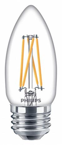 PHILIPS Compact LED Bulb: Medium Screw (E26), LED, (B) Bullet, B11, 5.5 W Watt, 500 lm Light Output (MPN 5.5B11/PER/927-922/CL/G/E26/WGX 1FB T20). Key specifications — attr233510: B11; attr233525: 120V AC; attr233549: Clear; attr518949: 2300K; attr239859: PHILIPS.