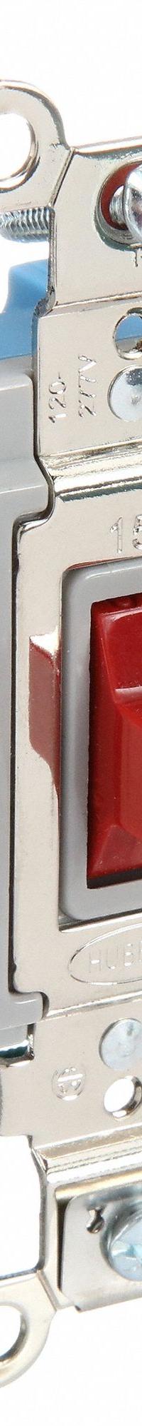 HUBBELL Wall Switch: Toggle Switch, Single Pole/Double Throw, Momentary, Red, 120/277V AC, 15 A (MPN HBL1556R). Key specifications — Illuminated: No; Voltage Rating: 120/277V AC.