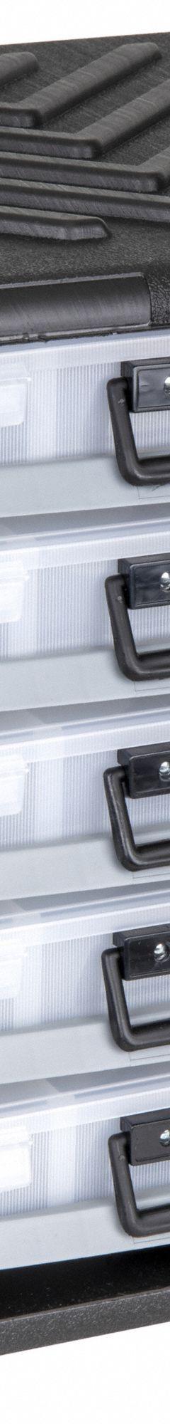 FLAMBEAU Small Parts Storage System: 14 3/4 in x 15 1/4 in x 16 in, Black/Clear, 16 Adj Dividers (MPN 8500JT). Key specifications — ESD Conductive: Not Electrostatic Discharge Conductive; Color: Black/Clear; Compartment WxD: 13-1/8 x 1-15/16 in; Brand: FLAMBEAU; Material: Plastic.