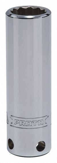 PROTO Socket: Metric, 3/8 in Drive Size, 15 mm Socket Size, 12-Point, Deep, Chrome, Tether Ready (MPN J5015M-TT). Key specifications — attr1204417: PROTO; attr1204392: Chrome.
