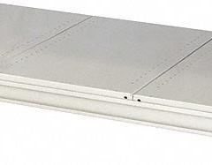 HALLOWELL Bulk Rack Shelf: 72 in x 24 in x 3 1/8 in, 14 ga Beams, Steel, 3,500 lb Load Capacity (MPN HBRL7224S-PL). Key specifications — Decking Material: Steel; Frame Finish: Powder Coated; Frame Material: Steel; Color: Light Gray; Includes: Cross Bars; Brand: HALLOWELL.