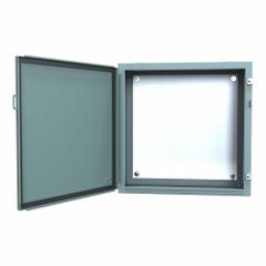 HAMMOND Electrical Enclosure: Steel, 24 in x 24 in x 10 in, NEMA 12/13, w/Panel, Solid Cover, Hinged (MPN 1418J10). Key specifications — Brand: HAMMOND; Closure Method: Clamps; Knockouts: Not Included.
