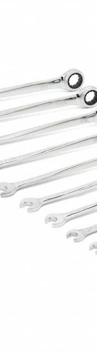 GEARWRENCH Combination Ratcheting Wrench Set: Alloy Steel, Full Polish Chrome, Std, 12-Point Box End (MPN 85898). Key specifications — attr309581: Full Polish Chrome; attr309580: Alloy Steel; attr309571: No; attr309583: No; attr309587: Yes; attr324931: GEARWRENCH.