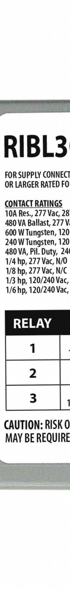 RIB Enclosed Pre-Wired Relay: 10 A Rating, 10-30V AC/DC, 3PST-NO, 0.50 in NPT (MPN RIBL3C). Key specifications — Nipple Size: 0.50 in NPT; Coil Voltage: 10-30V AC/DC; Brand: RIB.