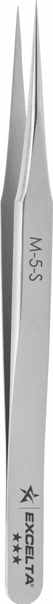 EXCELTA Tweezers: Stainless Steel, Point, Straight Tip, 0.002 in Tip Thick (MPN M-5-S). Key specifications — attr1002355: Stainless Steel; attr1002345: EXCELTA; attr1002348: Stainless Steel.