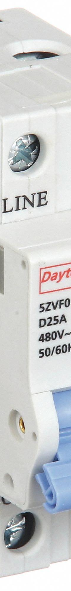 DAYTON IEC Supplementary Protector: 25 A Amps, 7.5kA at 480V AC, Screw Clamp, NDB2-63, 480V AC, D (MPN 5ZVF0). Key specifications — attr195785: Screw Clamp; attr195787: 480V AC; attr195786: D; attr195783: Not Rated; attr195784: 7.5kA at 480V AC; attr215906: NDB2-63; attr211128: DAYTON.