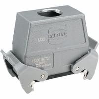 HARTING M32 Rectangular Connector Housing: Size 16 B, Cable to Cable Mount, Gray, Aluminum Die-Cast (MPN 19300160737). Key specifications — IP Rating: IP65; Size Designation: 16 B; Cable Entry Thread Size: M32; Seal Material: NBR; Locking Type: Dual Lever; Brand: HARTING; Primary Material: Aluminum; Operating Temperature Range: -40 to 125 Degrees C.
