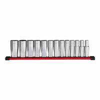 MILWAUKEE Deep Well Socket Set - SAE 12pt: 1/2 in Drive Size, Small Set (0-50 pieces) Set Size, SAE (MPN 48-22-9424). Key specifications — attr1204251: MILWAUKEE; attr1215453: 1/2 in; attr1215454: 3/8 in to 1-1/8 in; attr1224229: Friction.