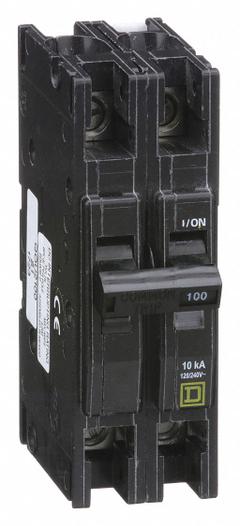 SQUARE D Miniature Circuit Breaker: 100 A, 120/240V AC, Single Phase, 10kA at 120/240V AC, 2 Poles (MPN QOU2100). Key specifications — Phase: Single; Amps: 100 A; AC Voltage Rating: 120/240V AC; Max. AIR Rating: 10kA at 120/240V AC; For Use With: Air Conditioning and Refrigeration Equipment; Brand: SQUARE D.