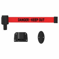 BANNER STAKES Retractable Belt Barrier: Anchors/Screws, 15 ft Belt Lg, Danger Messaging, Red (MPN PL4114). Key specifications — Message Color: Black; Frame Color: Black; Brand: BANNER STAKES; Belt Color: Red.