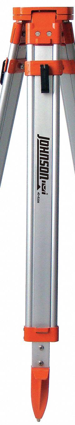 JOHNSON LEVEL Tripod: 4 ft – 5 ft, Laser Levels, Flat Head, Carrying Strap/Plumb Bob Hook, Aluminum (MPN 40-6335). Key specifications — attr938954: JOHNSON LEVEL; attr938956: Laser Levels; attr938960: Flat; attr938961: Plumb Bob Hook; attr938962: Aluminum; attr938963: 5/8"-11.