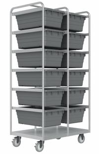 DURHAM MFG Tub Cart: 1,200 lb, 12 Bins/Tubs, Gray, 26 in L x 37 in W x 74 in H, Gray, 2 Usable Sides (MPN STBR-303672-12-5PU). Key specifications — Color: Gray; Includes: Bottom Shelf; Caster/Wheel Configuration: (2) Swivel with Brake; Bin Color: Gray; Brand: DURHAM MFG.