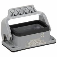 HARTING Rectangular Connector Housing: Size 6 B, Bulkhead Mount, Gray, Aluminum Die-Cast, IP65, Gray (MPN 09300060301). Key specifications — IP Rating: IP65; Size Designation: 6 B; Seal Material: NBR; Locking Type: Single Lever; Brand: HARTING; Primary Material: Aluminum; Operating Temperature Range: -40 to 125 Degrees C.