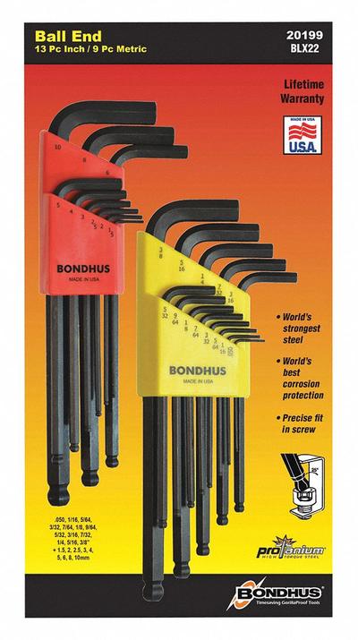 BONDHUS Hex Key Set: 16 or More Pieces, ProGuard, L, Metric and SAE, Single Ball End - L-Shaped Hex Key Sets