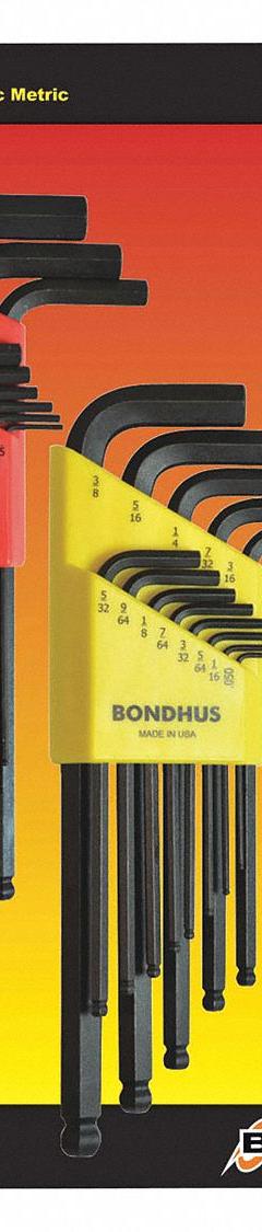 BONDHUS Hex Key Set: 16 or More Pieces, ProGuard, L, Metric and SAE, Single Ball End, Long, 1 Tips (MPN 20199). Key specifications — attr1205553: Not Tether Capable; attr1205554: BONDHUS; attr1205568: Black Oxide; attr1293176: 16 or More Pieces.