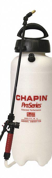 CHAPIN Handheld Sprayer: Spot, 3 gal Tank, Poly Tank, 25 ft Max Spray Distance, 60 psi, Adj Nozzle (MPN 26031XP). Key specifications — Brand: CHAPIN; Chemical Compatibility: Pesticide; Tank Material: Poly.