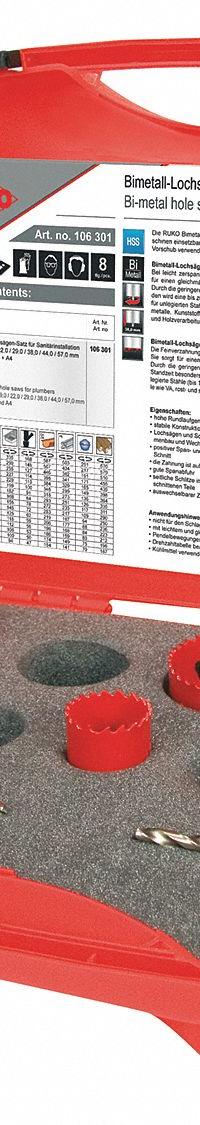 ROTHENBERGER Hole Saw Kit: 8 Pieces, 38 mm Max. Cutting Dp, High Speed Steel, 7 Teeth per Inch (MPN 106301). Key specifications — attr1098178: 7; attr1098172: ROTHENBERGER.