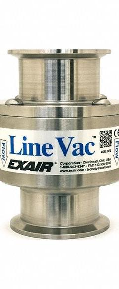 EXAIR Vacuum Conveyor: For 2 in Hose I.D., 1 3/4 in Vacuum ID, 3 1/4 in Vacuum OD, -28.5 in wc (MPN 161200-316). Key specifications — Product Type: Sanitary Flange Line Vacuum; Air Inlet Thread Size: 3/8 in; Brand: EXAIR.