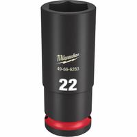 MILWAUKEE Deep Impact Socket: 1/2 in Drive Size, Metric, 22 mm Socket Size, 6-Point, Deep, Friction (MPN 49-66-6283). Key specifications — attr1215501: MILWAUKEE; attr1215515: Black Phosphate; attr1215518: 22 mm.