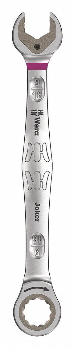 WERA Combination Wrench: Alloy Steel, Nickel Chrome, 9/16 in Head Size, 7 3/8 in Overall Lg (MPN 05073284001). Key specifications — attr309600: 9/16 in; attr309611: Nickel Chrome; attr309610: Alloy Steel; attr309604: Yes; attr309612: No; attr309613: No; attr309615: No; attr324932: WERA.