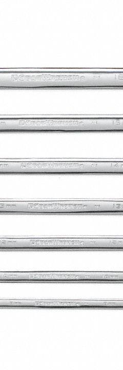 GEARWRENCH Combination Ratcheting Wrench Set: Alloy Steel, Full Polish Chrome, 7 Tools, Std, Rounded (MPN 9417). Key specifications — attr309581: Full Polish Chrome; attr309580: Alloy Steel; attr309571: No; attr309583: No; attr309587: Yes; attr324931: GEARWRENCH.