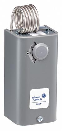 JOHNSON CONTROLS Line Volt Mechanical Tstat: Heat or Cool, Steel, -30° to 40°C, 1.8° to 7.2°C (MPN A19BBC-4C). Key specifications — attr400419: 120 to 277V AC; attr400424: SPDT, Open/Close on Rise; attr400415: -30° to 40°C; attr400417: 1.8° to 7.2°C; attr400418: Hydraulic Air Coil; attr400408: Heat or Cool; attr408361: JOHNSON CONTROLS; attr400410: Steel.