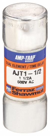 MERSEN Fuse: AJT Series, Class J, Cylindrical Body, Time-Delay, 1.5 A, 600 V AC, 500 V DC (MPN AJT1-1/2N). Key specifications — attr1287274: AJT; attr211200: MERSEN.