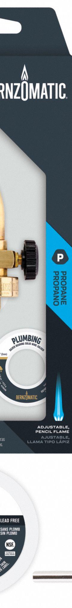 BERNZOMATIC Torch Kit: Pencil Flame, External Lighter, Fixed Tip (MPN PK1001). Key specifications — Brand: BERNZOMATIC; Manufacturer Part Number: PK1001; Compatible Fuel Type: Propane; Flame Adjustment: Adjustable Flame; Tip Type: Fixed Tip.