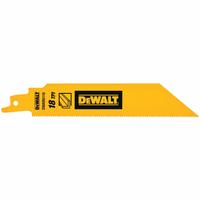 DEWALT Reciprocating Saw Blade: 18 Teeth per Inch, 6 in Blade Lg, 1 in Blade Thick, Bi-Metal, 5 PK (MPN DWAR6118). Key specifications — attr1109198: 18; attr1109200: Rigid for Straight Cuts; attr1109201: Straight; attr1109209: DEWALT.