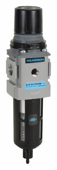 WILKERSON Filter-Regulator: B18 Series, 1/4 in NPT, 148 cfm, 5 micron, 0 psi to 125 psi, Aluminum (MPN B18-02-FK00B). Key specifications — attr109419: WILKERSON; attr109429: Aluminum; attr109463: No; attr109467: Nitrile; attr109468: B18.