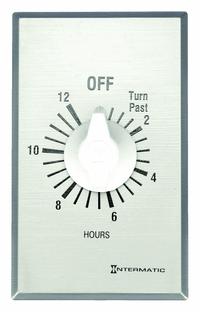 INTERMATIC Spring-Wound Timer: 12 hr Max, SPST, 120/277V AC, Wall Plate Included, Silver (MPN FF12H8). Key specifications — Brand: INTERMATIC; Includes Hold: No Hold Included.