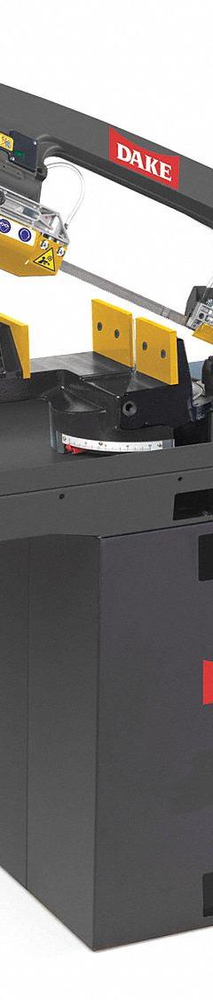 DAKE CORPORATION Band Saw: 7 3/4 in x 3 in, 114 to 262, 0° to 60° Right, 20.0 A, 1 Phase, 120V AC (MPN SE-6.5 M). Key specifications — attr325085: DAKE CORPORATION; attr313073: 20.0 A; attr313074: 1; attr313072: 0° to 60° Right; attr313070: 7-3/4 in x 3 in; attr313071: 114 to 262.