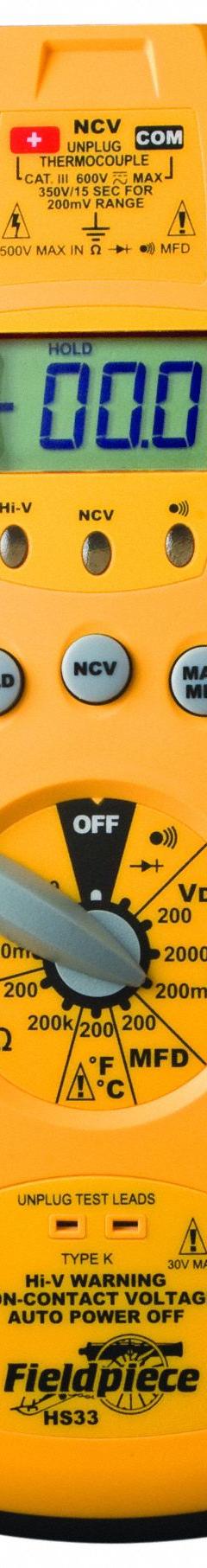FIELDPIECE Digital Multimeter: TRMS, CAT III 600V, 600 V Max AC Volt Measurement (MPN HS33). Key specifications — Brand: FIELDPIECE; Calibration Certificate Included: No Certification Included; Instrument Safety Rating: CAT III 600V; Instrument Counts: 1,999.