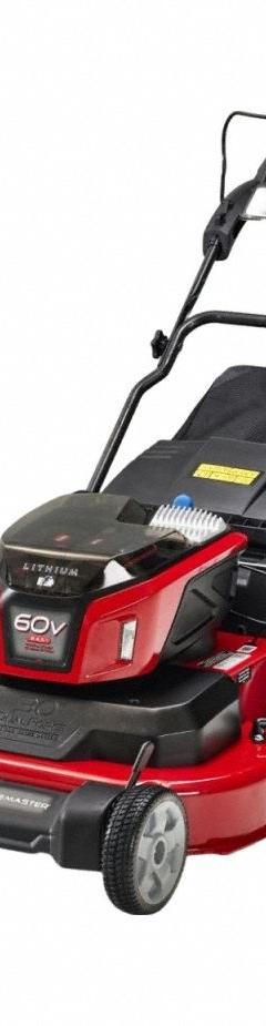 TORO Cordless Lawn Mower: Self-Propelled, Bag/Mulch/Side Discharge Location, Variable Speed Settings (MPN 21491). Key specifications — Run Time: 65 min; Battery Platform: FLEXVOLT®; Deck Material: Steel; Brand: TORO; Speed Settings: Variable; Filter - Kit Contents: Battery Included; Power Source: Battery-Powered.